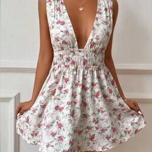 SHEIN Backless Floral Dress - White and Red